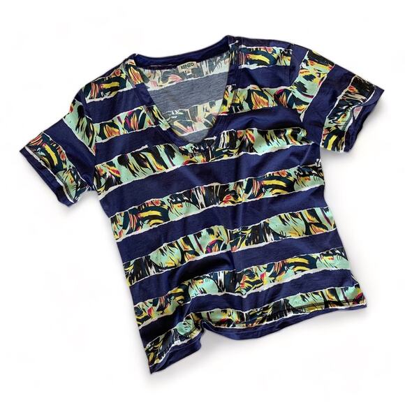 Y2K VTG Kenzo Paris Graphic Striped Cotton T-Shirt XL 90s Abstract Floral Navy - Picture 1 of 9